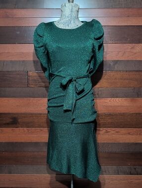 Flying Tomato Stretchy Emerald Green Shimmer Midi Dress with Tie Waist